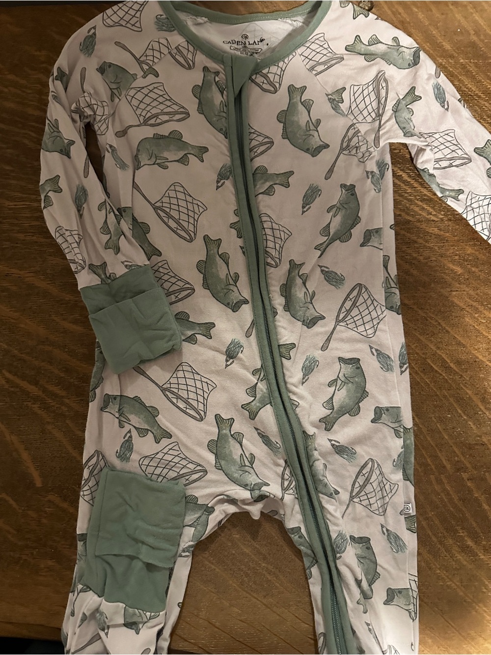 Caden Lane One-Piece Footie with Green Fish and Net Print